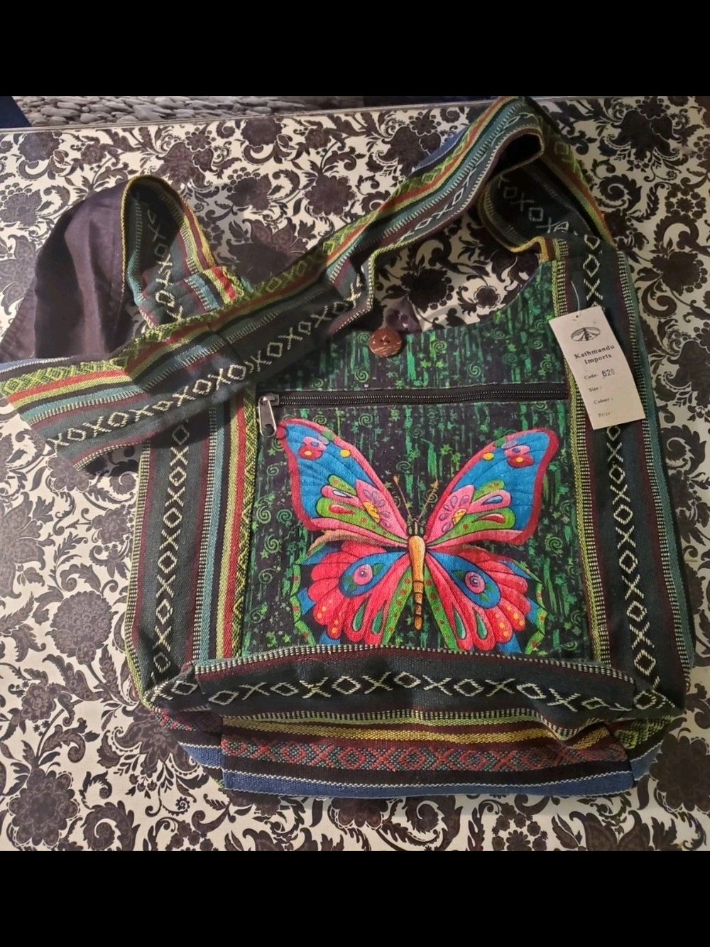 Kathmandu Imports Butterfly Tote Bag Boho Tribal Woven Cotton Nepal Handmade